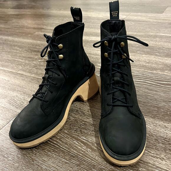 NEVER WORN Sorel Hi-Line Heel Lace Boots Black 7.5 Lug Sole Platform Chunky Heel - Picture 4 of 16